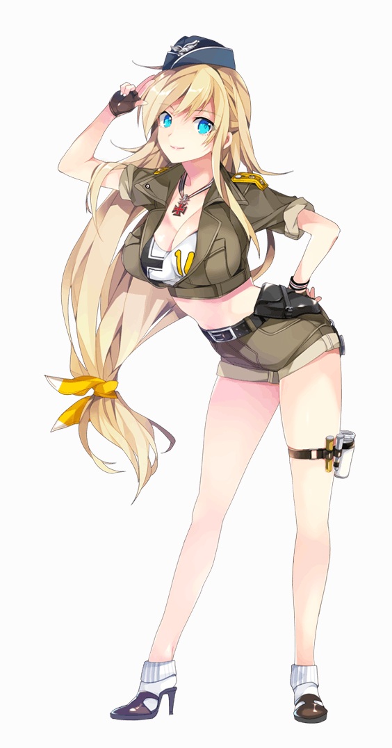 aqua_eyes bangs belt blonde_hair breasts cleavage eyebrows_visible_through_hair fingerless_gloves formation_girls full_body garrison_cap gloves hand_on_hip hat high_heels jeanne_marseille large_breasts long_hair looking_at_viewer midriff military military_uniform salute short_sleeves shorts simple_background smile socks solo standing taira_tsukune uniform white_background