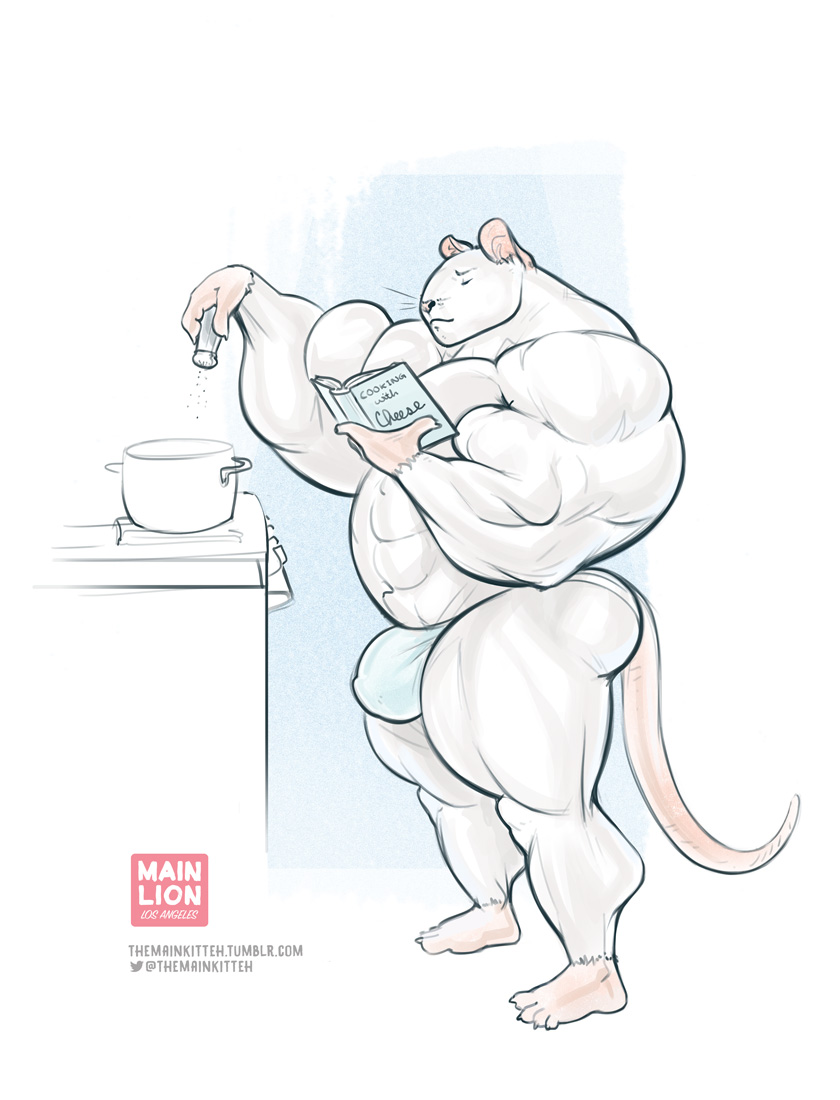 2016 abs anthro balls big_balls big_bulge big_penis book bulge clothed clothing cooking eyes_closed flaccid hyper hyper_muscles kitchen mainlion male mammal mouse musclegut muscular muscular_male partially_clothed pecs penis penis_shaped_bulge rodent simple_background solo thick_thighs underwear