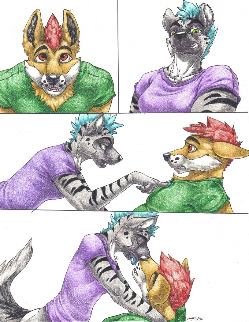 canine clothing comic dingo facade female hair hyena kissing looking_down_at_viewer looking_up_at_viewer male mammal mohawk red_hair series sinistervibe striped_hyena stripes traditional_media_(artwork) turquoise_hair