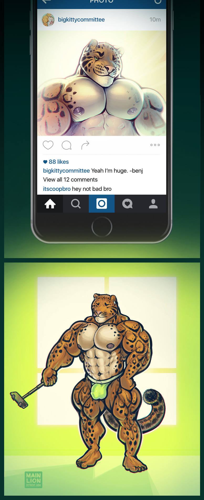 2016 abs anthro areola balls benji_(character) cellphone clothed clothing clouded_leopard ear_piercing english_text feline flaccid green_eyes hyper hyper_muscles instagram iphone jockstrap mainlion male mammal markings muscular muscular_male nipples partially_clothed pecs penis penis_shaped_bulge phone piercing selfie solo text thick_thighs tongue tongue_out topless underwear
