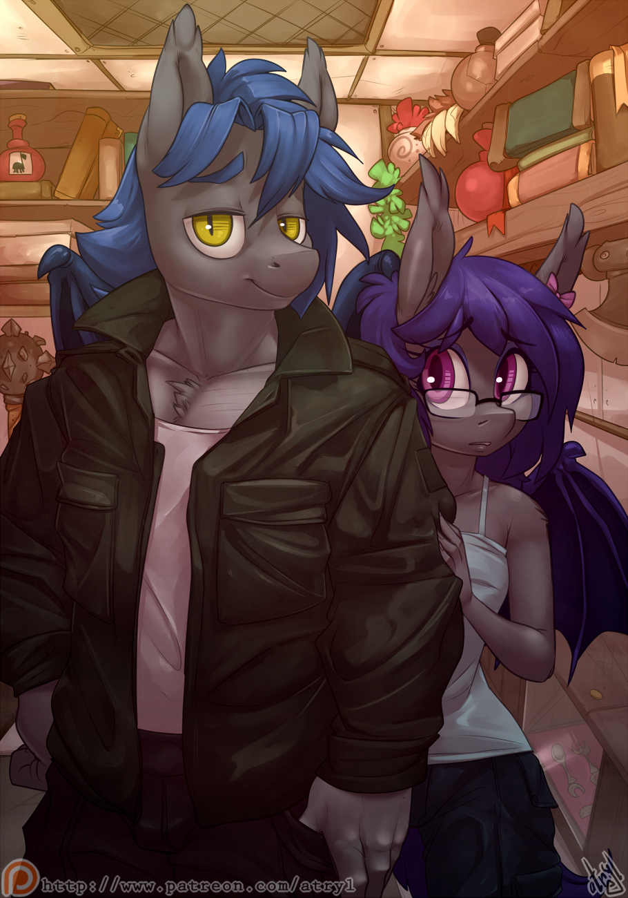 2017 anthro atryl bat_pony bat_wings brother brother_and_sister duo dusk_rhine equine eyeshadow eyewear fan_character female glasses makeup male mammal membranous_wings my_little_pony portrait racket_rhine sibling sister slit_pupils wings