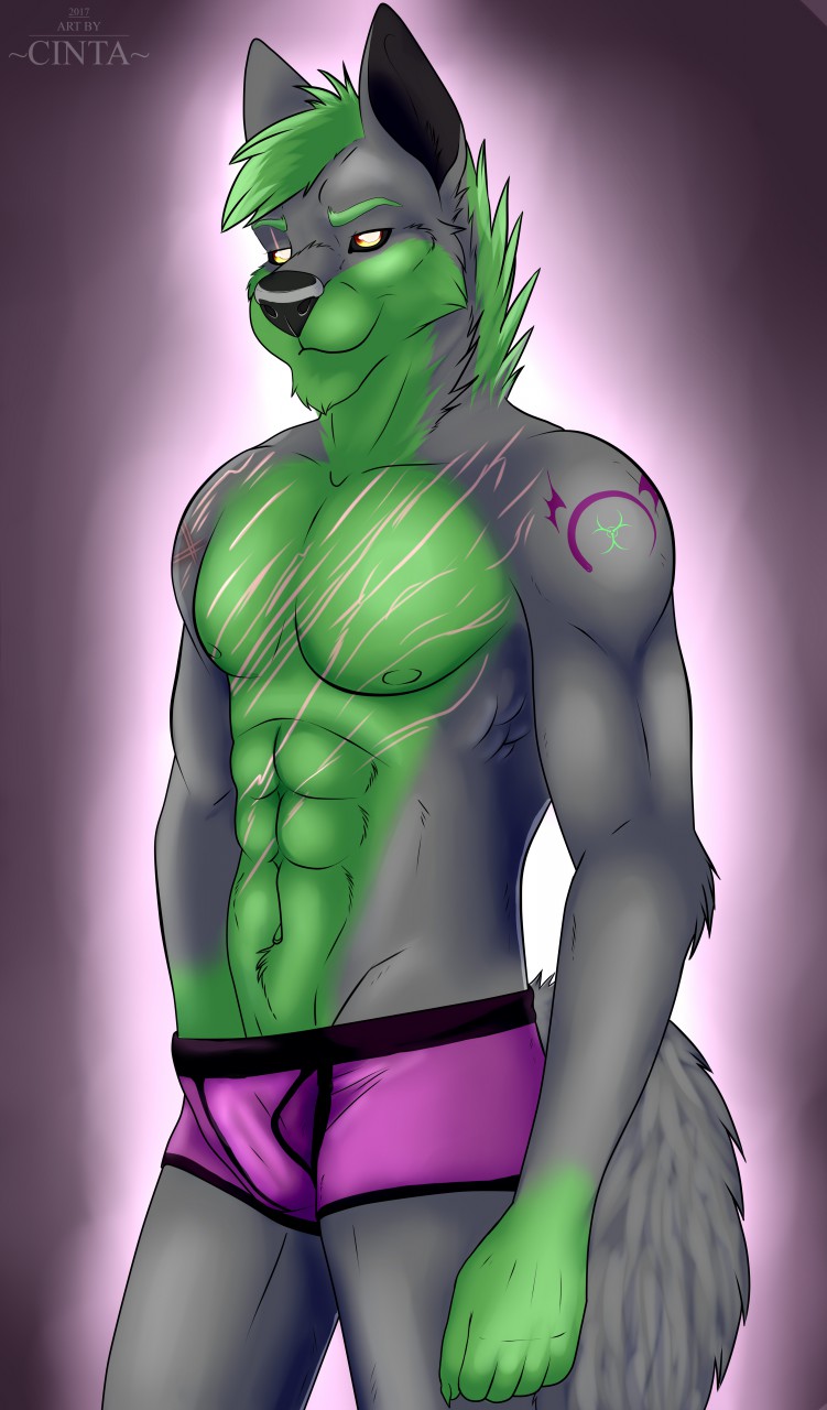 2017 5_fingers anthro black_nose bulge canine cinta clothing eye_brows green_hair green_skin grey_skin hair hand_in_underwear looking_at_viewer male mammal markings multicolored_skin muscular nails scar smile solo standing underwear wolf