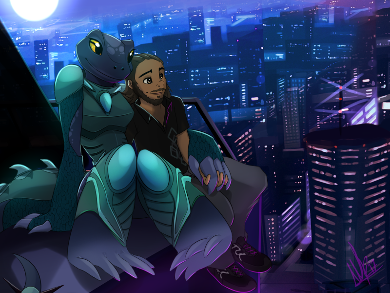 anthro brown_eyes brown_hair city clothed clothing detailed_background duo female hair hand_holding human lizard male mammal moon reptile scalie sitting smile wolflady yellow_eyes