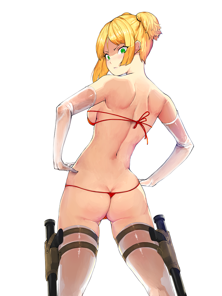 angry ass back bikini blonde_hair breasts elbow_gloves from_behind frown girls_frontline gloves green_eyes gun handgun hands_on_hips happening18 highres holster looking_at_viewer looking_back medium_breasts micro_bikini red_bikini see-through short_hair sideboob solo string_bikini swimsuit thigh_holster thighhighs thong_bikini twintails weapon welrod_mk2_(girls_frontline) white_background white_gloves white_legwear
