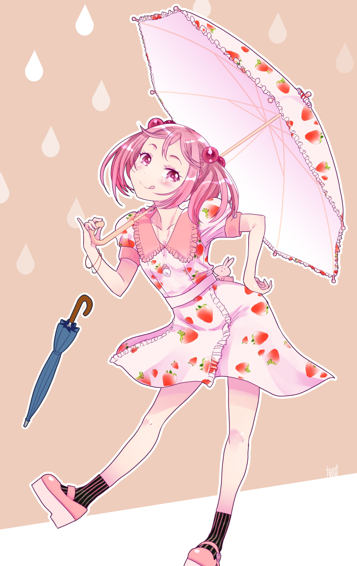 :q alternate_costume bangle bracelet brown_background bunny closed_umbrella collar dress food_print frilled_shirt_collar frills hair_bobbles hair_ornament hair_strand hand_on_hip head_tilt holding holding_umbrella jewelry kantai_collection leaning_forward legs_apart looking_at_viewer mary_janes parasol pink_dress pink_eyes pink_footwear pink_hair platform_footwear raindrop_print sazanami_(kantai_collection) shoes short_hair short_sleeves smile socks solo standing strawberry_print striped striped_legwear sumeragi_hamao tongue tongue_out twintails umbrella vertical-striped_legwear vertical_stripes