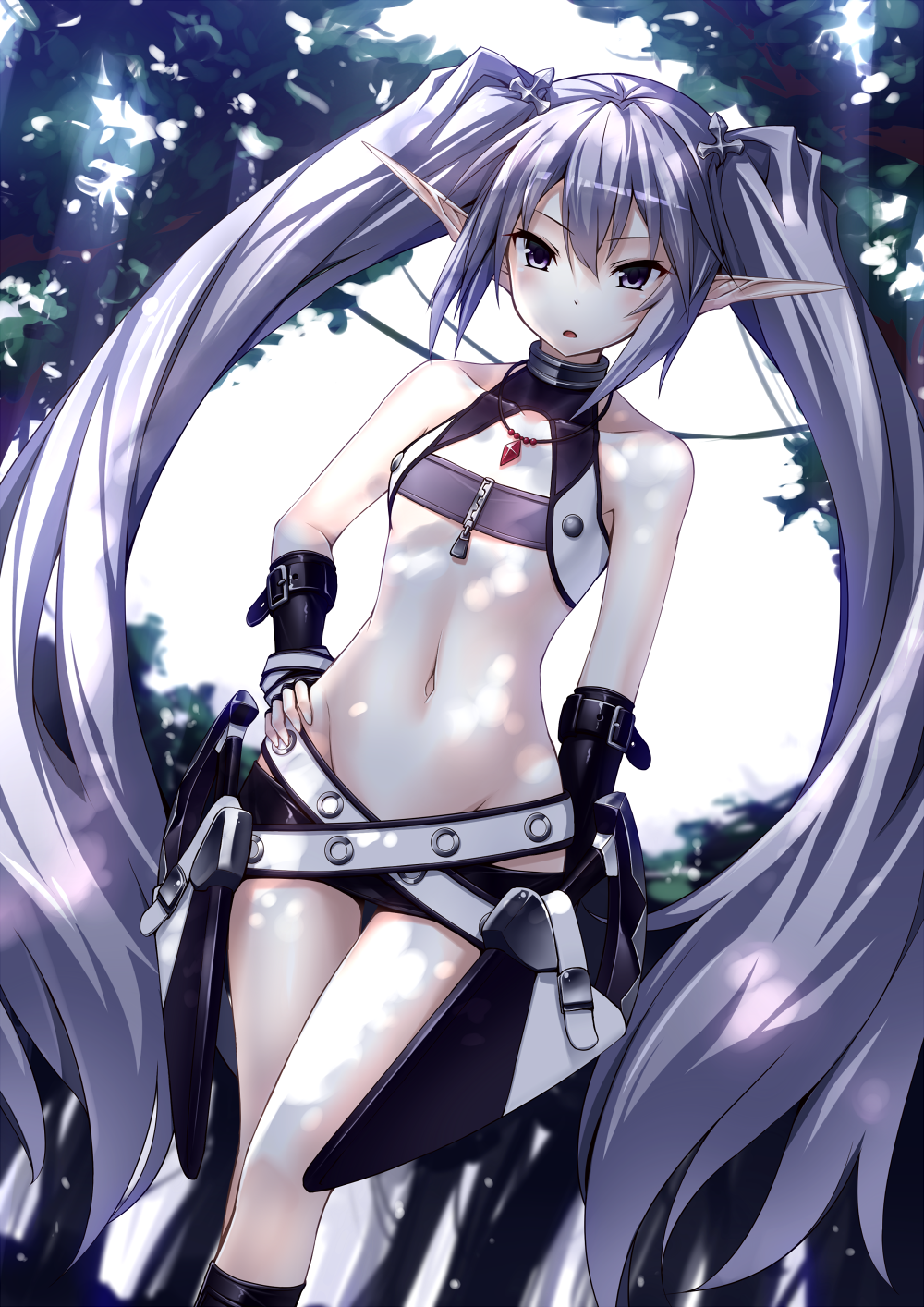 agarest_senki agarest_senki_(series) bare_legs bare_shoulders belt beltskirt blush collarbone commentary_request dappled_sunlight dutch_angle feet_out_of_frame flat_chest fyuria_(agarest_senki) hand_on_hip highres jewelry kneehighs leaf long_hair looking_at_viewer lowleg_skirt midriff miniskirt navel necklace open_mouth pencil_skirt pointy_ears purple_eyes purple_hair revision skirt solo sunlight tree twintails ugume very_long_hair wrist_guards