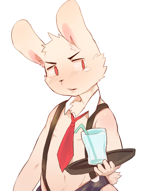 anthro blush cub fur kemoshota lagomorph male mammal necktie open_mouth pink_fur rabbit red_eyes simple_background solo standing tears woong young