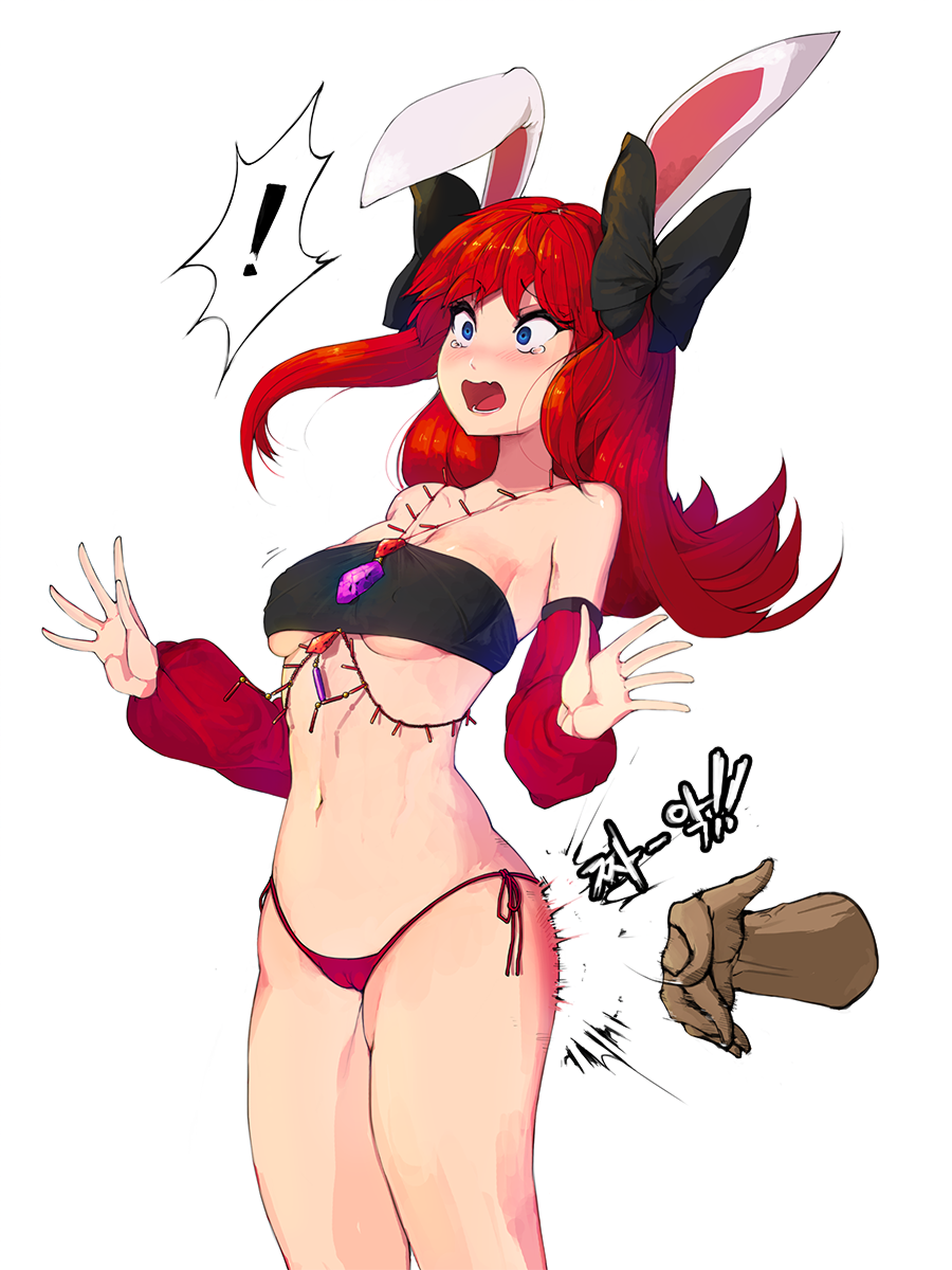 1girl animal_ears ass bandeau bikini black_bow blue_eyes blush bow breasts bunny_ears cameltoe covered_nipples detached_sleeves disembodied_limb dungeon_and_fighter hair_bow happening18 highres jewelry long_hair long_sleeves medium_breasts micro_bikini navel necklace nose_blush open_mouth red_bikini_bottom red_hair side-tie_bikini slapping solo_focus spanking spoken_exclamation_mark swimsuit tears wavy_mouth