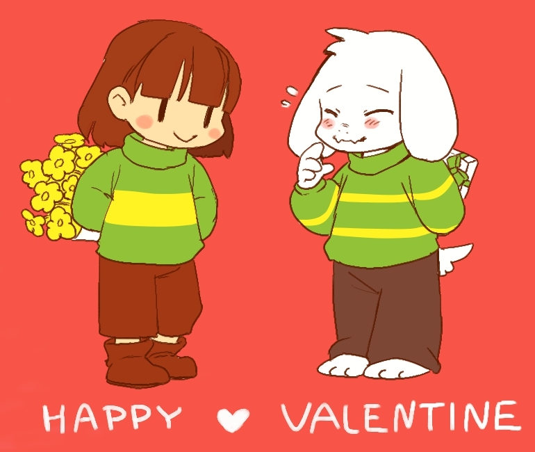 anthro asriel_dreemurr blush caprine chara_(undertale) child cub cute female flower fur goat holidays human invalid_tag loli male mammal monster plant semi shota simple_background undertale valentine's_day video_games white_fur young