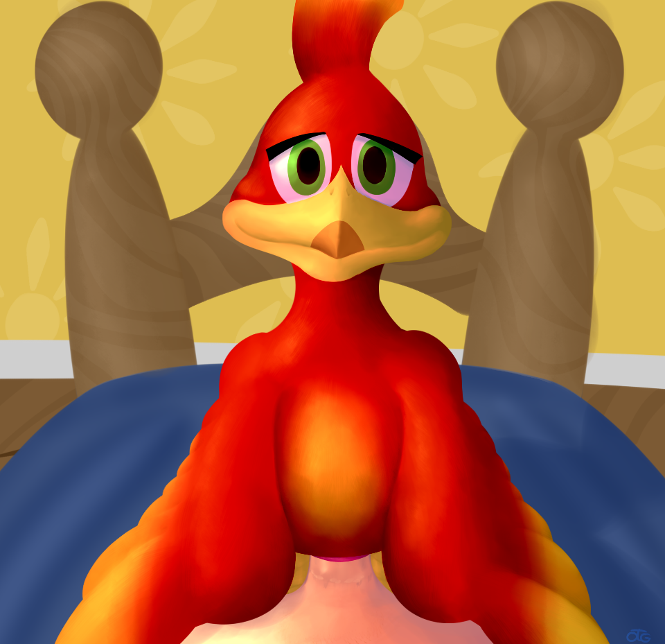 ambiguous_gender animal_genitalia avian banjo-kazooie bed bird breegull cloaca cloacal_penetration closed_smile detailed_background disembodied_penis green_eyes half-closed_eyes kazooie male male/ambiguous on_bed otherthatguy penetration penis video_games