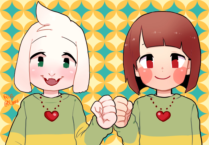 2016 ambiguous_gender anthro asriel_dreemurr blush boss_monster caprine chara_(undertale) clothing fist_bump goat jewelry long_ears looking_at_viewer male mammal necklace rie_(artist) smile sweater undertale video_games