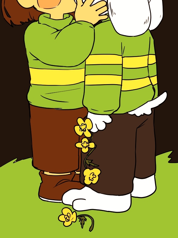 anthro asriel_dreemurr caprine chara_(undertale) child clothed clothing cub cute female flower fur goat human invalid_tag kissing loli male mammal monster plant semi shota simple_background standing undertale video_games white_fur young