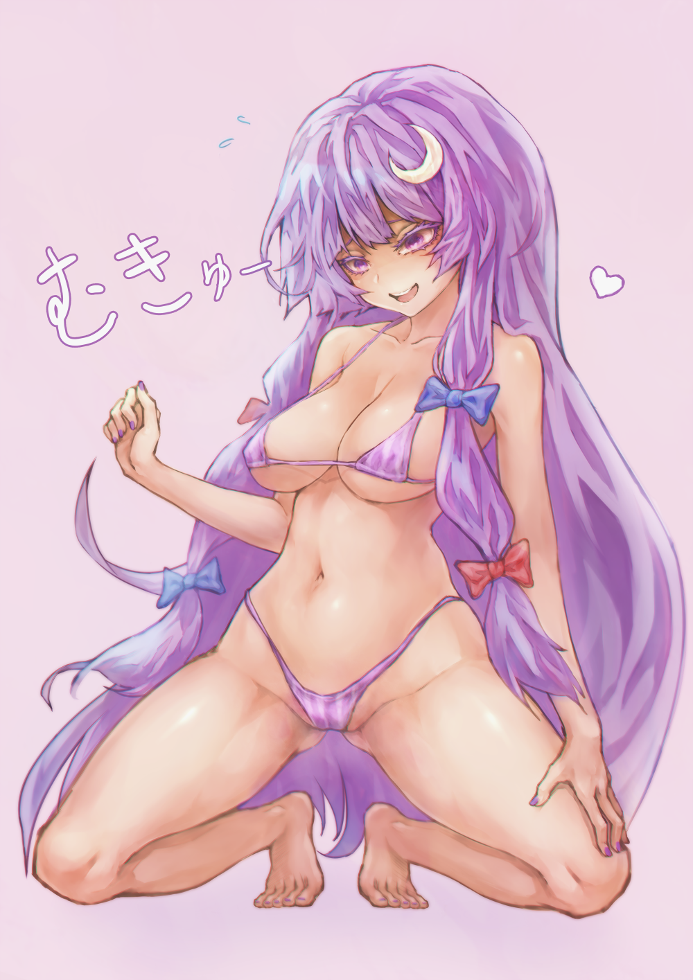 bangs bare_shoulders barefoot bikini blue_bow bow breasts cleavage collarbone crescent crescent_hair_ornament hair_bow hair_ornament heart highleg highleg_bikini highres joker_(stjoker) long_hair medium_breasts micro_bikini mukyuu nail_polish navel patchouli_knowledge purple_bikini purple_eyes purple_hair purple_nails red_bow solo squatting stomach striped striped_bikini swimsuit touhou translated very_long_hair