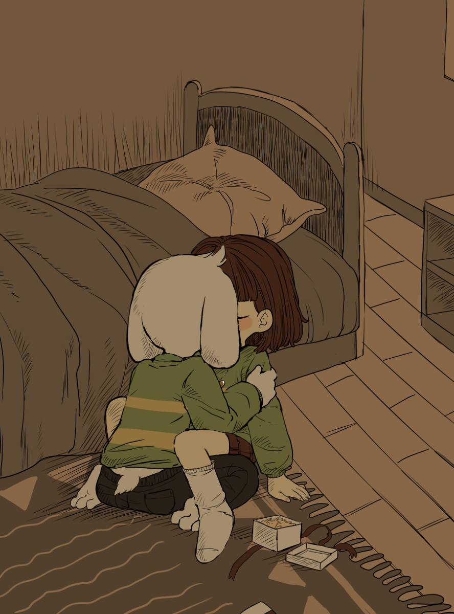 anthro asriel_dreemurr bed caprine chara_(undertale) child couple_(disambiguation) cub cute female fur goat holding_(disambiguation) human human_on_anthro interspecies kissing loli male male/female mammal monster semi shota sitting undertale video_games white_fur young