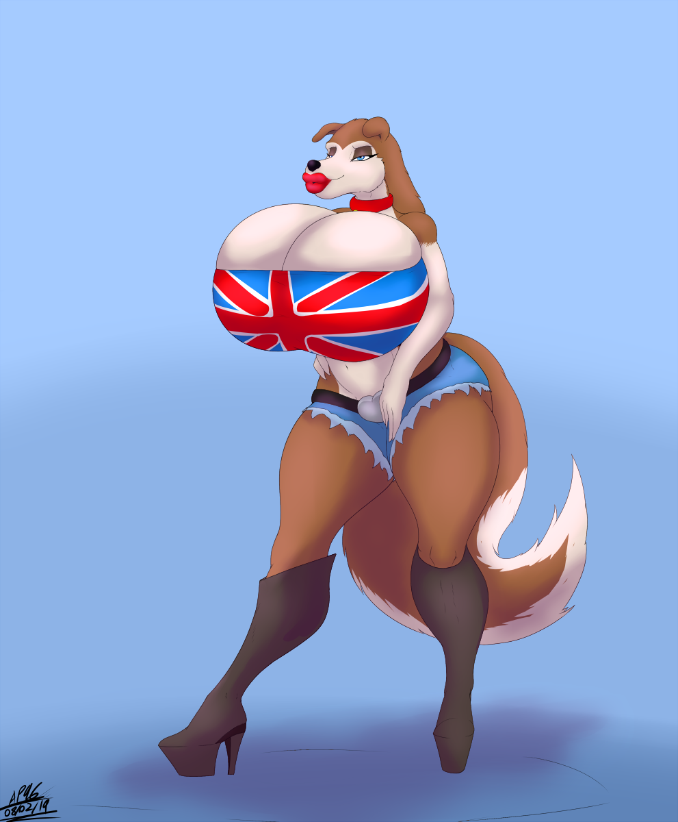 2019 absurd_res angrypotato96 anthro belt big_breasts big_lips black_nose blue_eyes boots breasts canid canine canis clothed clothing colleen collie cutoffs denim_shorts digital_media_(artwork) domestic_dog female footwear fur hair hi_res high_heels huge_breasts hyper hyper_breasts lips lipstick makeup mammal midriff midsection navel road_rovers rough_collie shoes shorts simple_background smile solo standing thick_thighs tube_top union_jack voluptuous