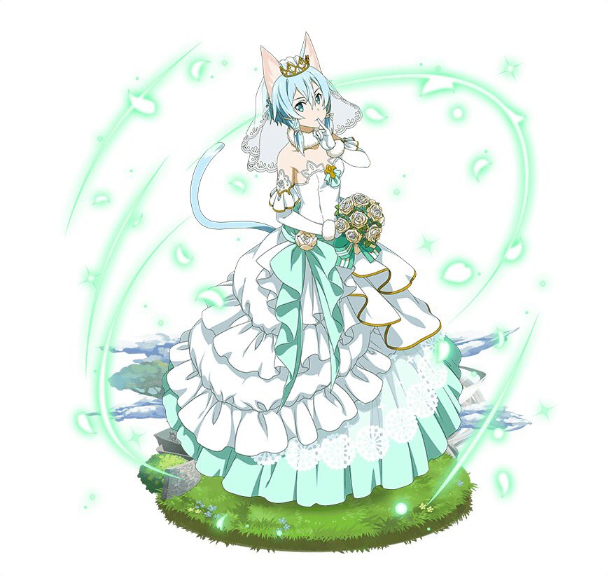 animal_ears blue_eyes blue_hair bouquet bridal_gauntlets cat_ears cat_tail choker collarbone diadem dress elbow_gloves finger_to_mouth flower full_body gloves hair_between_eyes hair_ribbon holding holding_bouquet looking_at_viewer official_art ribbon short_hair_with_long_locks sidelocks simple_background sinon sinon_(sao-alo) sleeveless sleeveless_dress solo standing strapless strapless_dress sword_art_online sword_art_online:_code_register tail wedding_dress white_background white_dress white_flower white_gloves white_ribbon