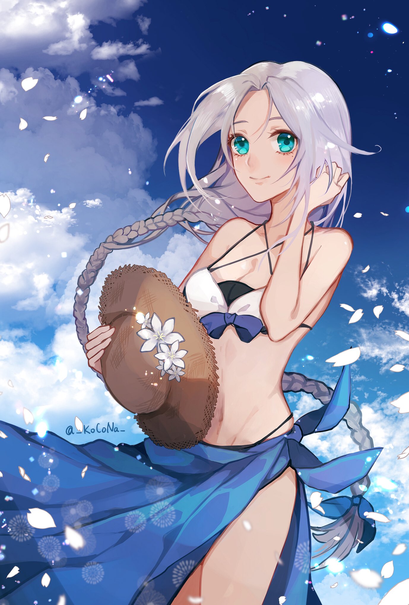 1girl adapted_costume bangs bikini blue_eyes blue_sarong blue_sky braid breasts brown_hat cleavage cloud collarbone day hair_tie hat hat_removed headwear_removed highres kantai_collection kocona long_hair looking_at_viewer medium_breasts mole mole_under_eye multicolored multicolored_bikini multicolored_clothes navel outdoors parted_bangs petals sarong silver_hair single_braid sky solo straw_hat sun_hat swimsuit twitter_username umikaze_(kantai_collection) very_long_hair