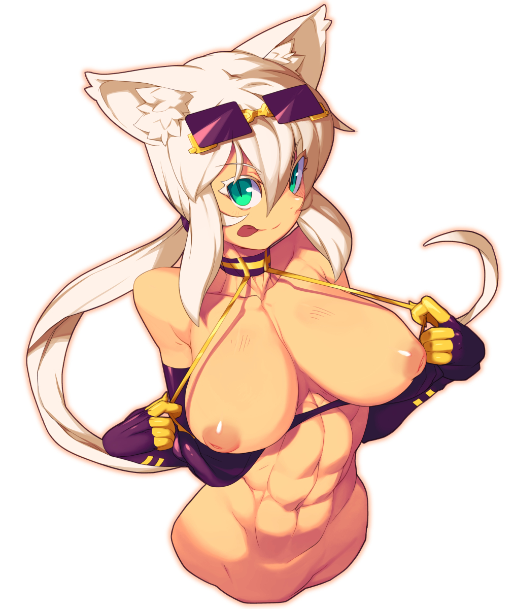 :p abs animal_ears bad_id bad_pixiv_id breasts cat_ears cat_tail dark_skin elbow_gloves eyewear_on_head gloves green_eyes highres huge_breasts inverted_nipples kaiten_muten-maru long_hair metata nipples shamu_meruruusa simple_background solo sunglasses tail tongue tongue_out undressing white_background