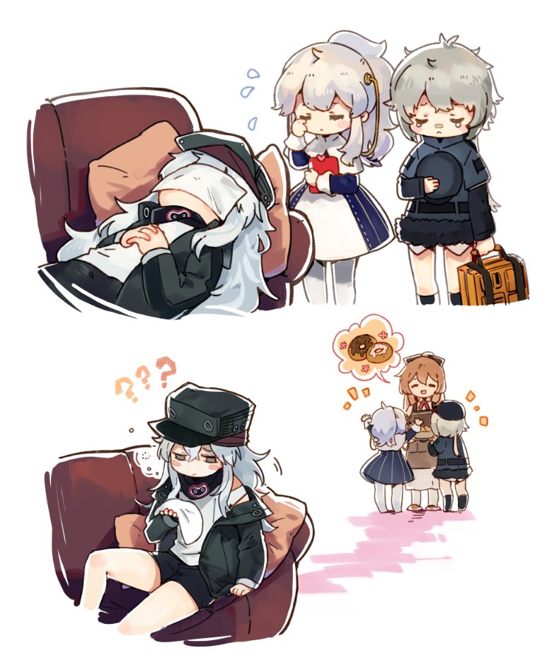 4girls ?? bandaid bandaid_on_nose blush_stickers briefcase commentary_request couch covering_face doughnut eyes_closed food g11_(girls_frontline) girls_frontline hands_clasped hat hs2000_(girls_frontline) jacket messy_hair multiple_girls own_hands_together pantyhose ponytail ribeyrolles_1918_(girls_frontline) shirt shuzi simple_background sleeping tears white_background white_hair white_legwear