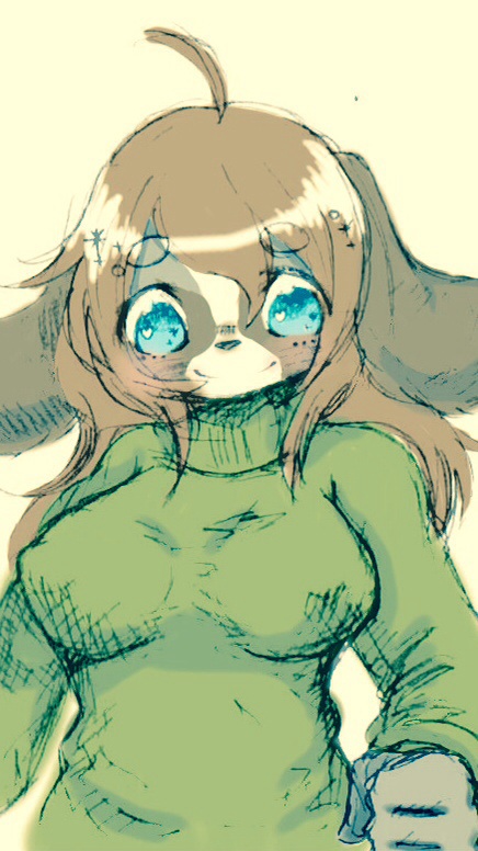 &lt;3 &lt;3_eyes 5_fingers anthro big_breasts blue_eyes breasts brown_hair canine clothing dog female green_sweater hair kemono long_hair looking_at_viewer mammal paranoia_(artist) simple_background smile solo sweater yellow_background ぱらのいあ