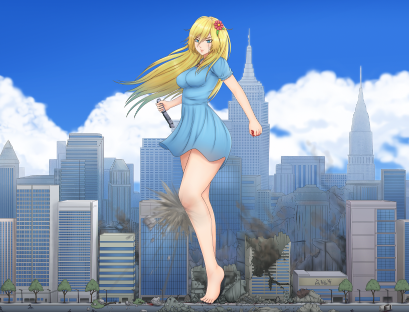 &gt;:) bare_legs barefoot bartondh blonde_hair blood blue_eyes blue_sky blush breasts building city clenched_hand closed_mouth cloud day destruction dress flower full_body giantess hair_flower hair_ornament holding long_hair medium_breasts outdoors road scar scar_across_eye short_dress short_sleeves sky skyscraper smile source_request standing street tsurime v-shaped_eyebrows