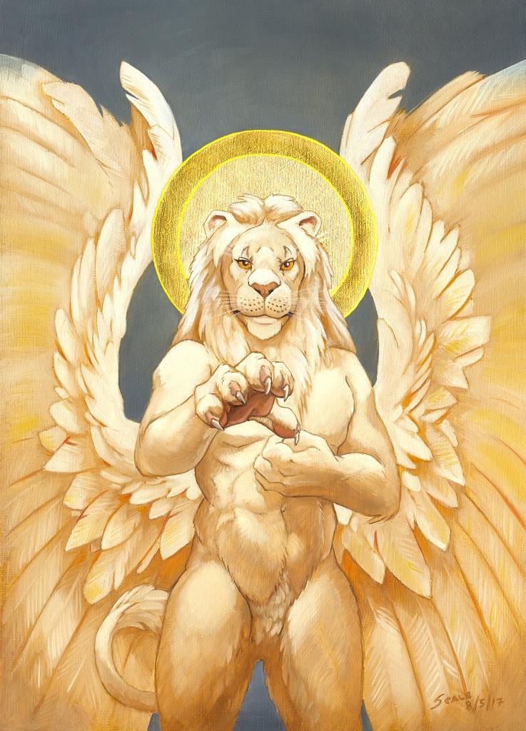 2017 angel anthro claws feathered_wings feathers feline fur hand_on_chest lion looking_at_viewer male mammal mane nimbus nude pawpads pubes realistic scale_(artist) shaded simple_background solo spread_wings standing tail_tuft traditional_media_(artwork) tuft whiskers white_feathers white_fur white_wings wings yellow_sclera