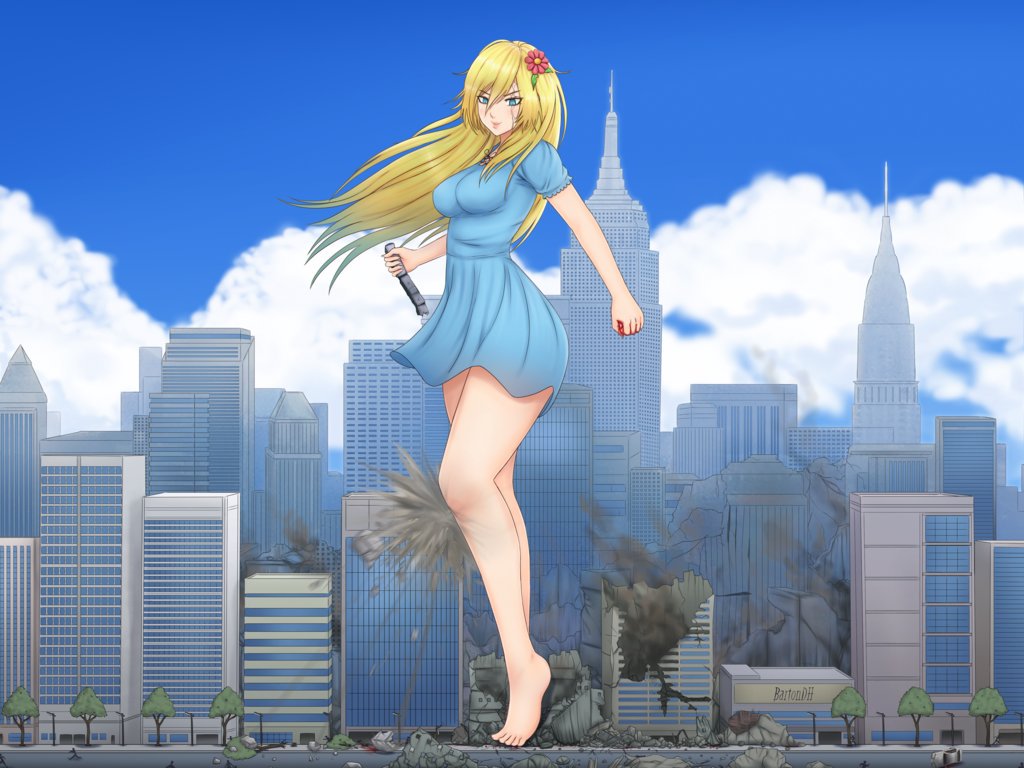 &gt;:) bare_legs barefoot bartondh blonde_hair blood blue_eyes blue_sky blush breasts building city clenched_hand closed_mouth cloud day destruction dress flower full_body giantess hair_flower hair_ornament holding long_hair medium_breasts outdoors road scar scar_across_eye short_dress short_sleeves sky skyscraper smile source_request standing street tsurime v-shaped_eyebrows