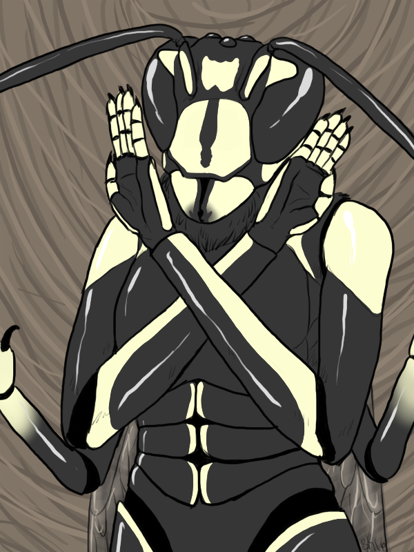 2016 4_arms 5_fingers abc_insects ambiguous_gender anatomically_correct antennae anthro arthropod bald-faced_hornet belly black_countershading black_eyes black_skin claws compound_eyes countershade_face countershade_torso crossed_arms digital_media_(artwork) digital_painting_(artwork) exoskeleton flat_chested grey_background half-length_portrait hornet humanoid_hands insect insect_wings mandibles multi_arm multi_eye multi_limb nude portrait reverse_countershading simple_background skelebee solo wasp white_countershading white_skin wings