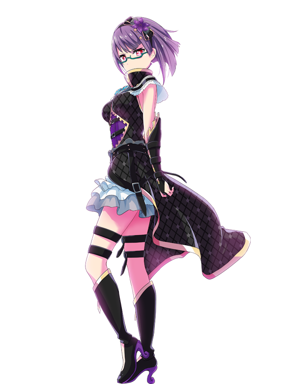 1girl breasts frilled_skirt full_body glasses green-framed_glasses high_heel_boots knee_boots looking_at_viewer medium_breasts miniskirt nanami_(project_tokyo_dolls) official_art project_tokyo_dolls purple_hair red_eyes semi-rimless_glasses short_hair simple_background skirt sleeveless solo square_enix standing thigh_strap transparent_background under-rim_glasses