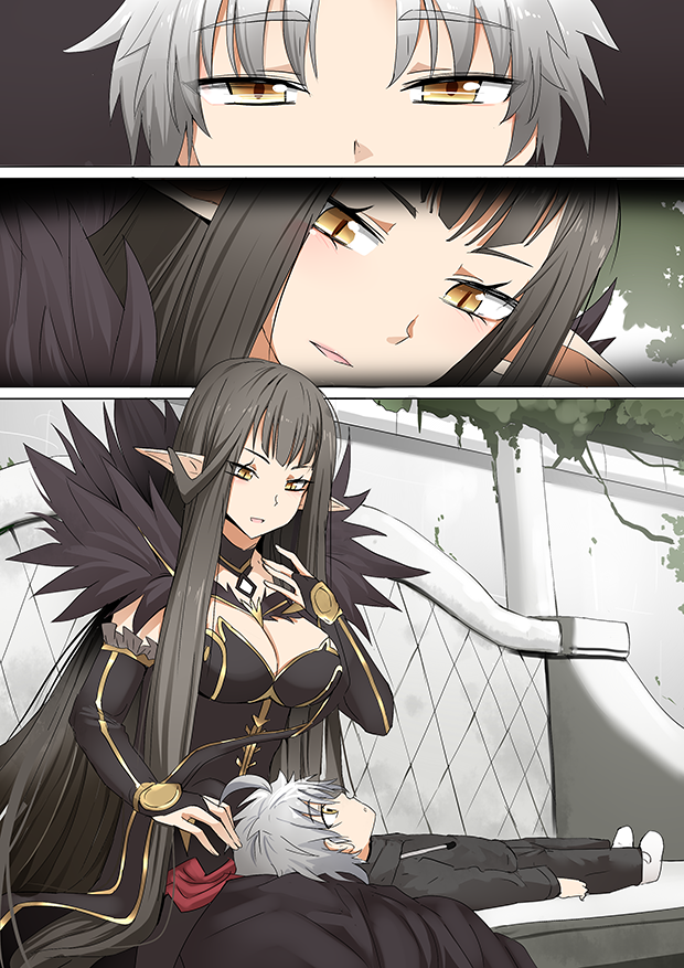 1boy 1girl absurdly_long_hair ahoge bench black_dress black_hair black_pants black_shirt breasts bridal_gauntlets child cleavage comic detached_sleeves dress fate/grand_order fate_(series) fur_trim ginhaha lap_pillow large_breasts leaf long_dress long_hair open_mouth opening_eyes outdoors pants pointy_ears semiramis_(fate) shirt silent_comic silver_hair sitting spikes tree very_long_hair yellow_eyes