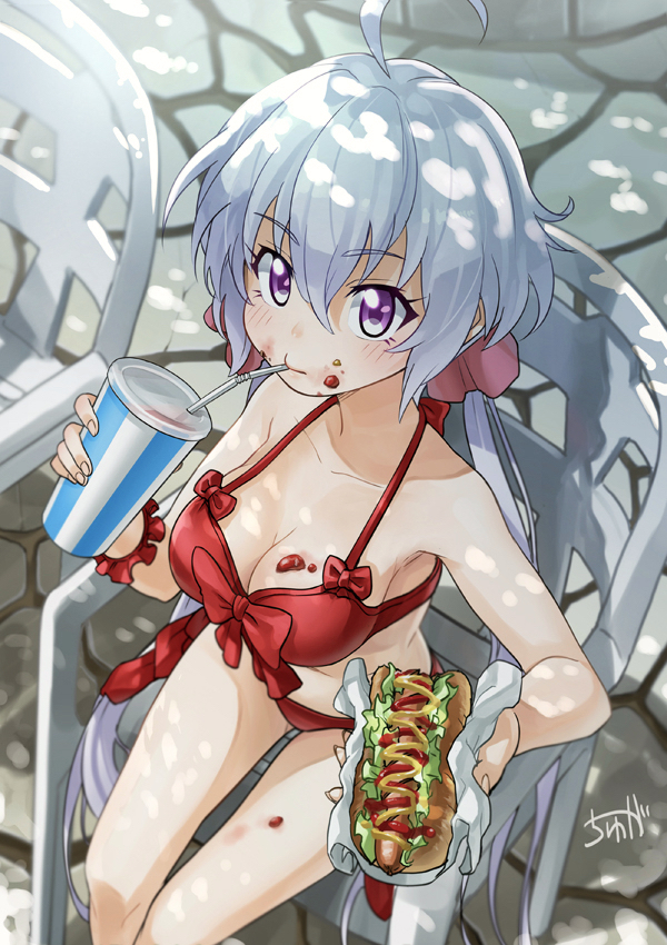 ahoge bikini breasts drinking drinking_straw food food_on_body food_on_face from_above hair_between_eyes hot_dog large_breasts long_hair looking_at_viewer low_twintails mouth_hold outdoors purple_eyes red_bikini senki_zesshou_symphogear silver_hair sitting solo sunlight swimsuit twintails tyuga very_long_hair yukine_chris