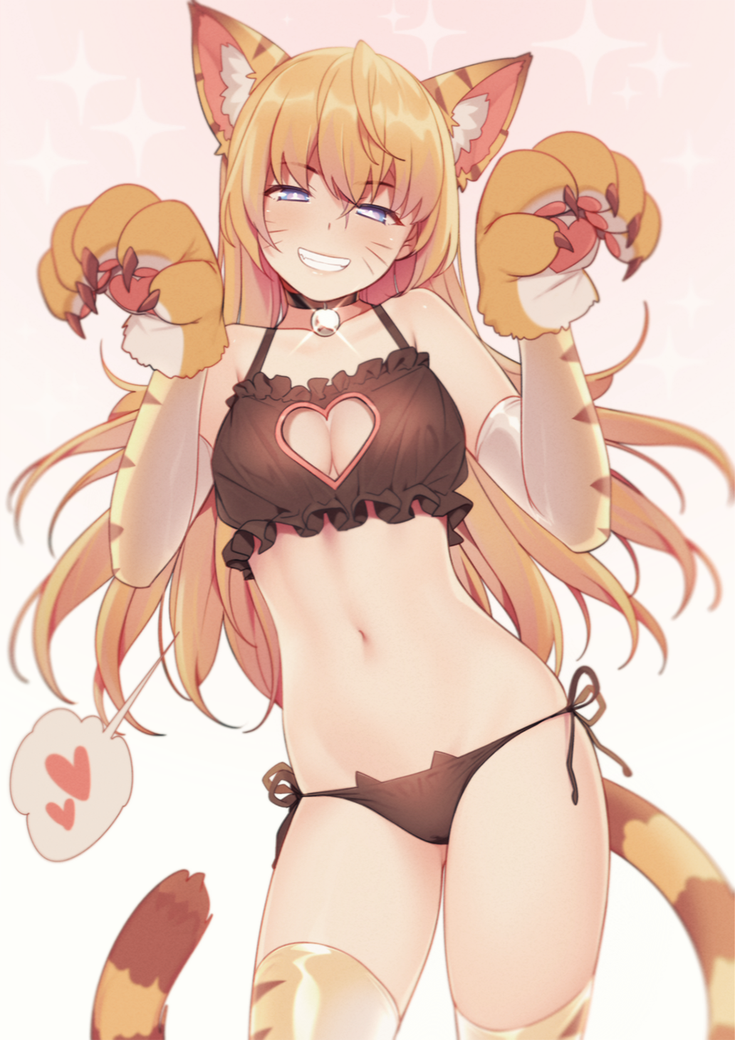 :d animal_ears animal_print bad_id bad_pixiv_id bangs bare_arms bare_shoulders bell bell_choker black_bra black_panties black_ribbon blue_hair blush bra breasts bright_pupils choker claws cleavage cleavage_cutout collarbone commentary contemporary cowboy_shot elbow_gloves eventh7 eyebrows_visible_through_hair frilled_bra frills glint gloves grin head_tilt heart heart_cutout highres jingle_bell long_hair looking_at_viewer looking_back medium_breasts multicolored multicolored_eyes navel open_mouth original panties paw_gloves paw_pose paws pink_background purple_eyes ribbon side-tie_panties simple_background smile solo speech_bubble spoken_heart standing stomach tail teeth thighhighs tiger_ears tiger_print tiger_tail tsurime underwear underwear_only whisker_markings