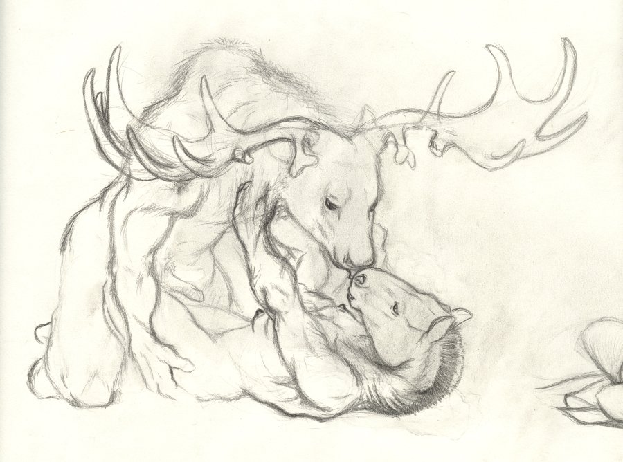2004 anatomically_correct anatomically_correct_penis animal_genitalia animal_penis anthro antlers breasts cervine cervine_penis duo embrace equine erection eye_contact female fur hand_on_breast hand_on_hip happy horn imminent_sex interspecies kneeling licking lying male male/female mammal mane megaloceros multi_breast multi_nipple nipples nude on_back open_mouth pencil_(artwork) penis przewalski's_horse realistic scale_(artist) simple_background sketch smile tongue tongue_out traditional_media_(artwork) white_background