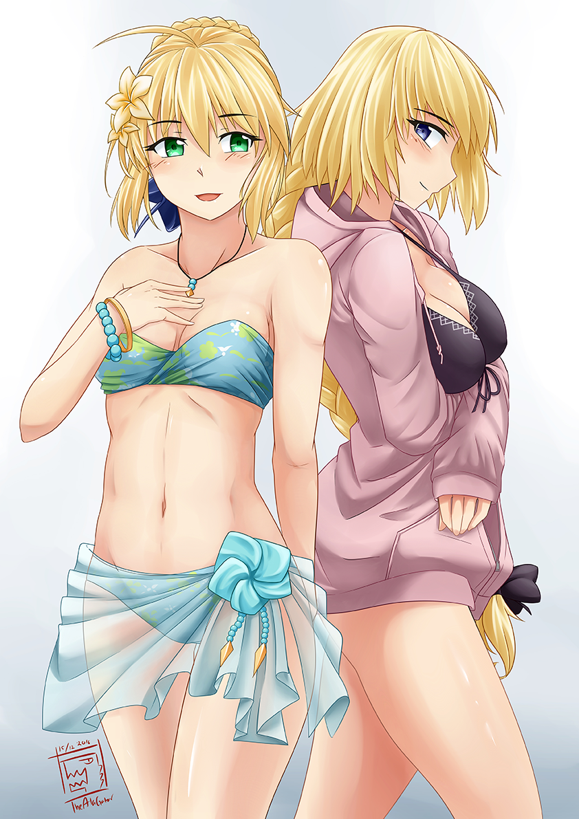 ahoge artoria_pendragon_(all) bandeau bikini blonde_hair blue_eyes blush breast_lift breasts cleavage fate/apocrypha fate/stay_night fate_(series) from_side front-tie_top green_eyes groin hand_on_own_chest jeanne_d'arc_(fate) jeanne_d'arc_(fate)_(all) jewelry medium_breasts multiple_girls navel necklace purple_eyes saber sarong sleeves_past_wrists small_breasts smile swimsuit swimsuit_under_clothes thealagator thighs