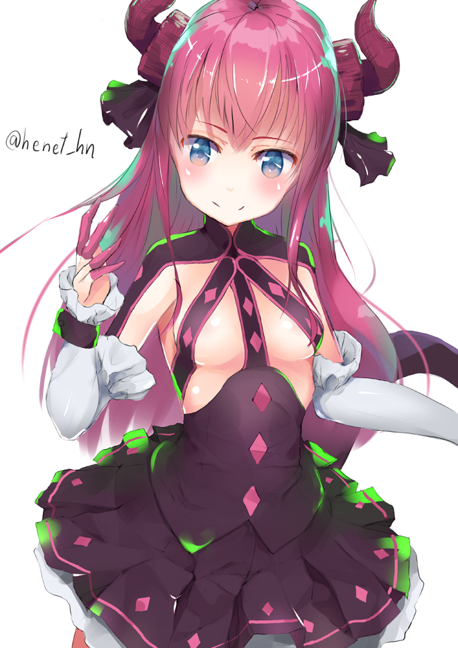 bangs blue_eyes blush breasts claws closed_mouth commentary detached_sleeves dragon_horns dragon_tail dress elizabeth_bathory_(fate) elizabeth_bathory_(fate)_(all) eyebrows_visible_through_hair fate/extra fate/extra_ccc fate_(series) frilled_sleeves frills hair_ornament henet_hene horns long_hair medium_breasts pink_hair revealing_clothes simple_background smile solo tail twitter_username two_side_up white_background