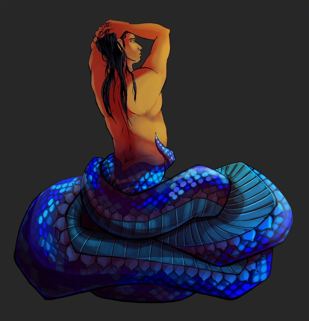 2017 digital_media_(artwork) hair invalid_tag looking_at_viewer male naga nude reptile scales scalie simple_background snake solo yeenr