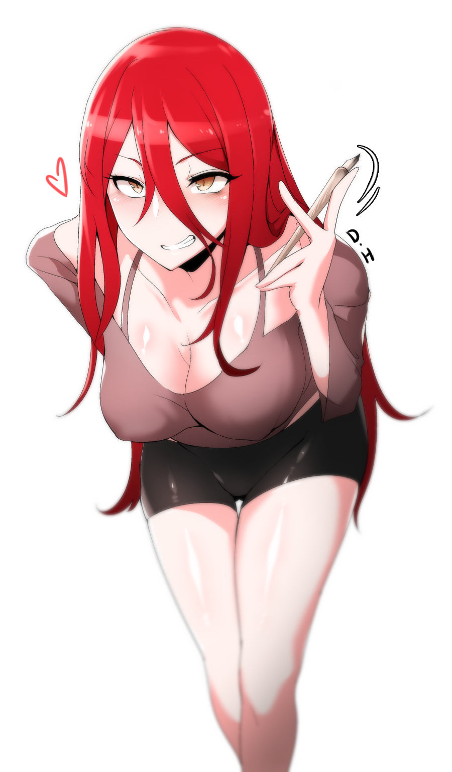 ass_visible_through_thighs bent_over bike_shorts blush breasts brown_eyes cleavage collarbone covered_nipples grin hair_between_eyes heart highres large_breasts long_hair no_bra pen pocari_sweat_(artist) red_hair simple_background smile solo thigh_gap very_long_hair white_background