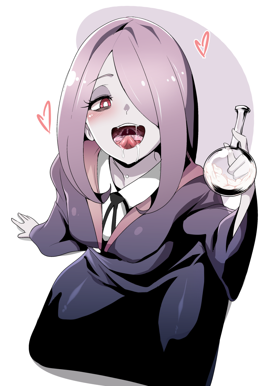 arm_support blush dripping drooling from_above hair_over_one_eye heart highres kneeling little_witch_academia long_hair looking_at_viewer naughty_face open_mouth pale_skin pocari_sweat_(artist) purple_eyes purple_hair robe sexually_suggestive solo sucy_manbavaran suggestive_fluid test_tube tongue tongue_out uvula
