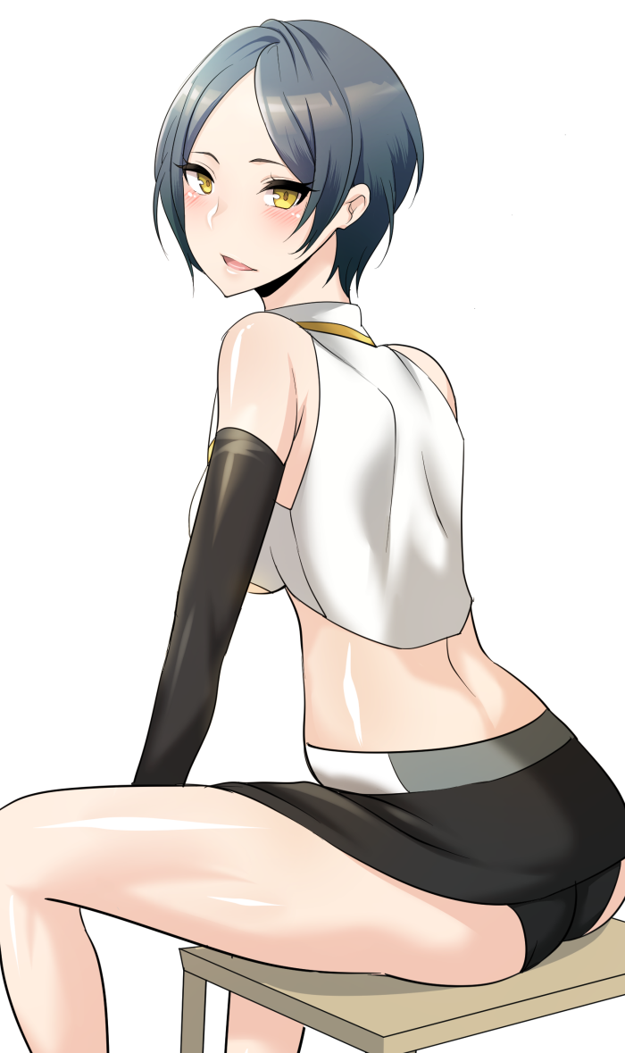 ass back bare_shoulders black_hair black_panties blush chair crop_top elbow_gloves gloves hayami_kanade idolmaster idolmaster_cinderella_girls looking_at_viewer looking_back miniskirt open_mouth panties pocari_sweat_(artist) short_hair sitting skirt smile solo underwear yellow_eyes