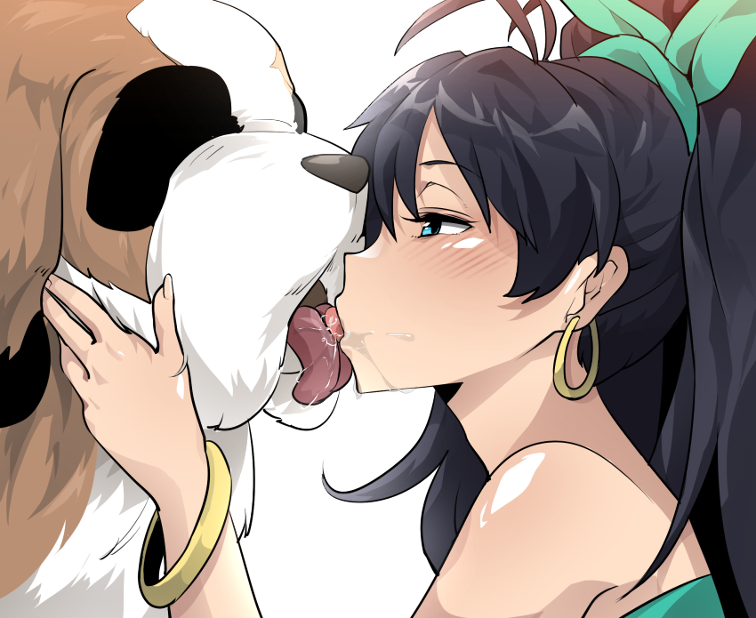 animal antenna_hair bare_shoulders bestiality black_hair blue_eyes blush dog earrings french_kiss from_side ganaha_hibiki high_ponytail hoop_earrings idolmaster idolmaster_(classic) inumi jewelry kiss long_hair open_mouth pocari_sweat_(artist) ponytail saliva st_bernard tongue tongue_out