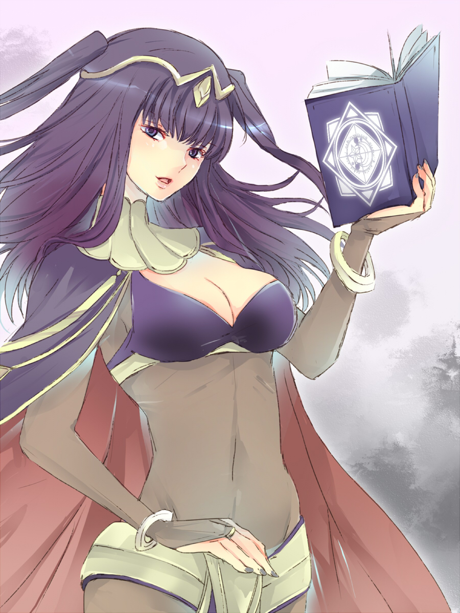 book bracelet breasts circlet cleavage cloak covered_navel fingerless_gloves fire_emblem fire_emblem:_kakusei gloves jewelry kariu large_breasts long_hair looking_at_viewer open_mouth purple_eyes purple_hair see-through smile solo tharja twintails upper_body