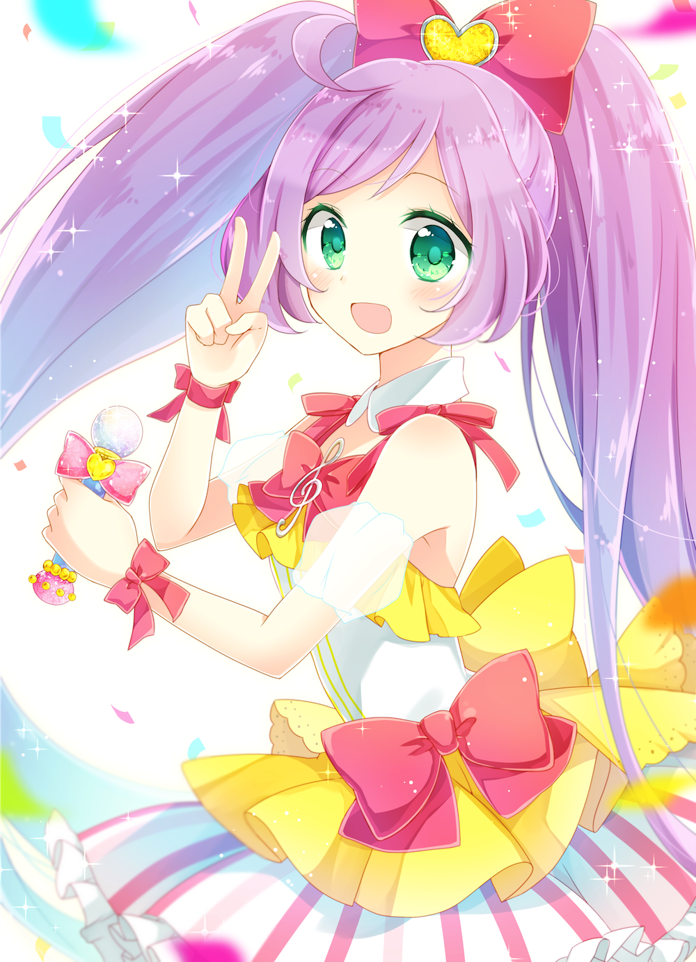 bad_id bad_pixiv_id bangs bow eyebrows_visible_through_hair goma_(11zihisin) green_eyes hair_bow hand_up highres long_sleeves looking_at_viewer manaka_lala open_mouth pretty_(series) pripara purple_hair skirt smile solo swept_bangs treble_clef twintails v white_background