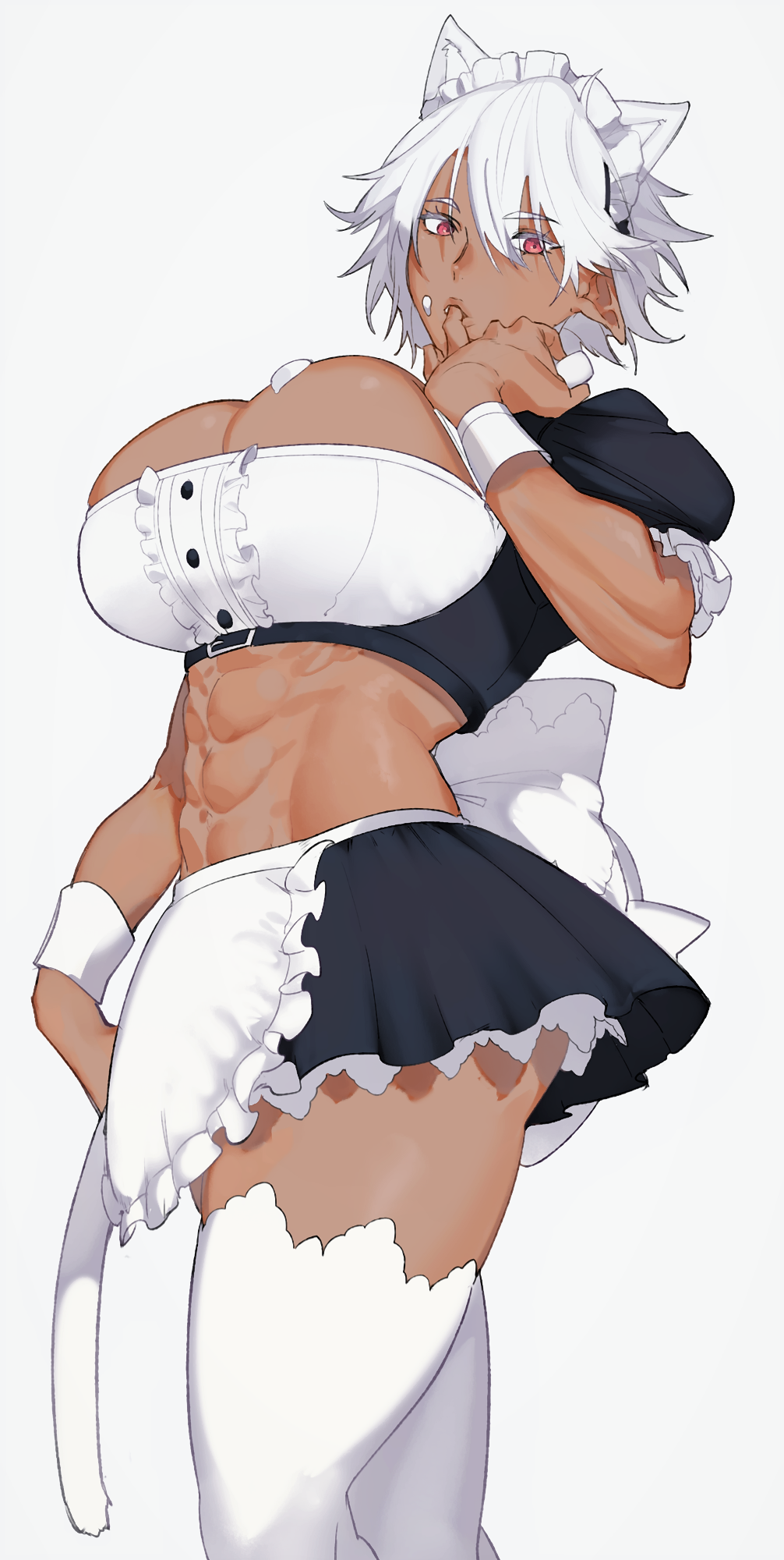 1girl abs animal_ears apron breasts cat_day cat_ears cat_girl cat_tail commentary cowboy_shot dark_skin finger_licking frills highres huge_breasts kaoruko(unkrk55) licking looking_at_viewer maid maid_headdress midriff muscle muscular_female navel original pointy_ears red_eyes short_hair skirt solo tail thighhighs white_background white_hair white_legwear