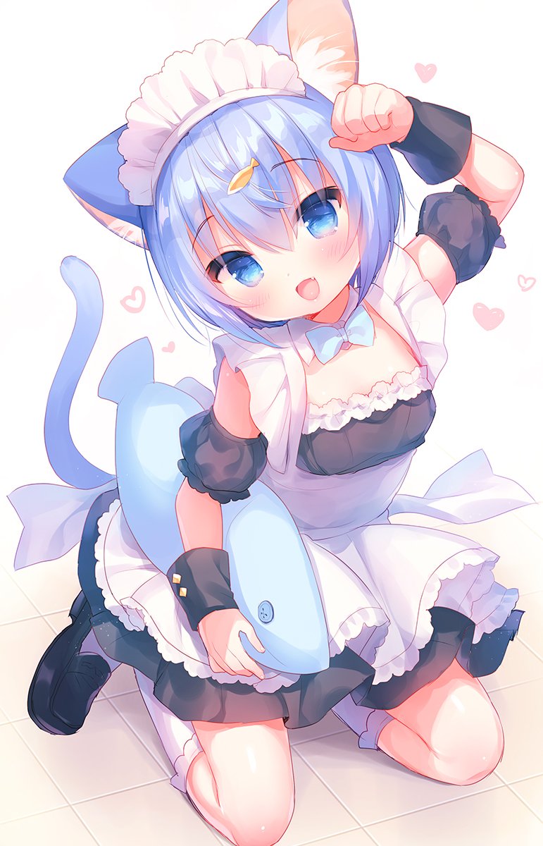 1girl :d animal_ear_fluff animal_ears apron arm_up bangs black_dress black_footwear black_sleeves blue_eyes blue_hair blue_neckwear blush bow bowtie breasts cat_day cat_ears cat_girl cat_tail collar commentary_request detached_collar detached_sleeves dress eyebrows_visible_through_hair fang fish_hair_ornament hair_between_eyes hair_ornament head_tilt heart highres kneehighs kneeling loafers onka open_mouth original puffy_short_sleeves puffy_sleeves shoes short_sleeves sleeveless sleeveless_dress small_breasts smile solo tail tile_floor tiles usashiro_mani white_apron white_collar white_legwear