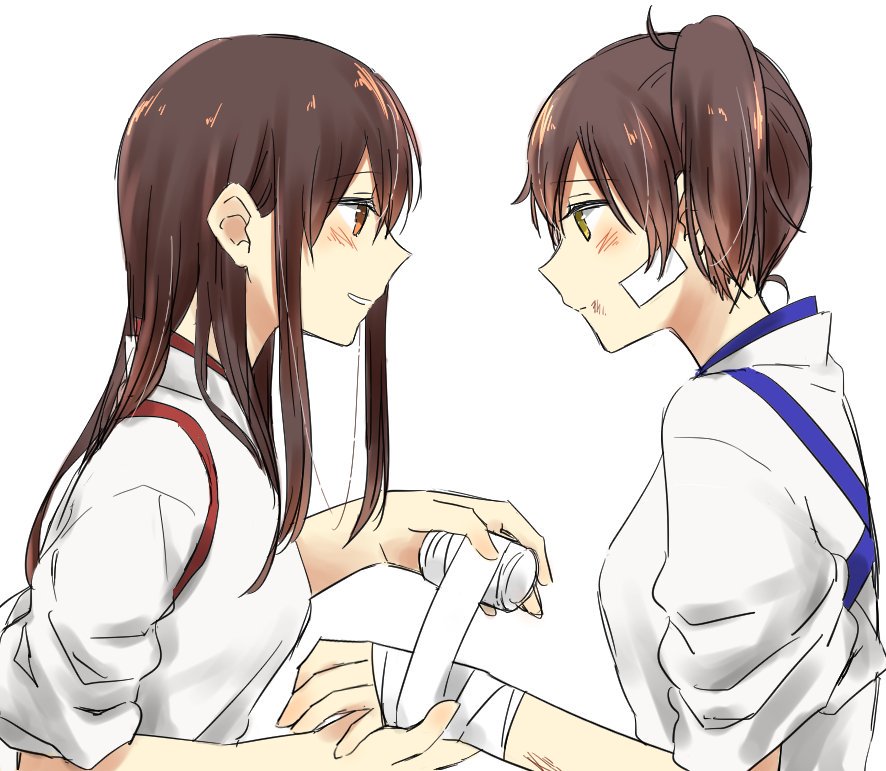 2girls akagi_(kantai_collection) bandage bandage_on_face bandaged_arm bandages blush bou_(wataame) brown_eyes brown_hair bruise_on_face from_side japanese_clothes kaga_(kantai_collection) kantai_collection long_hair looking_at_another multiple_girls side_ponytail sidelocks simple_background sleeves_rolled_up straight_hair tasuki upper_body white_background yellow_eyes