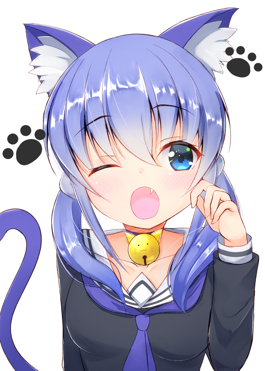 1girl ;o animal_ear_fluff animal_ears bangs bell bell_choker black_shirt blue_choker blue_neckwear blush breasts cat_ears cat_girl cat_tail choker collarbone commentary_request eyebrows_visible_through_hair fang hair_between_eyes hair_ornament hand_up highres jingle_bell kemonomimi_mode long_hair long_sleeves looking_at_viewer low_twintails medium_breasts neckerchief nijisanji one_eye_closed open_mouth sailor_collar school_uniform serafuku shirt simple_background solo tail tail_raised twintails upper_body virtual_youtuber white_background white_sailor_collar ymd_(holudoun) yuuki_chihiro