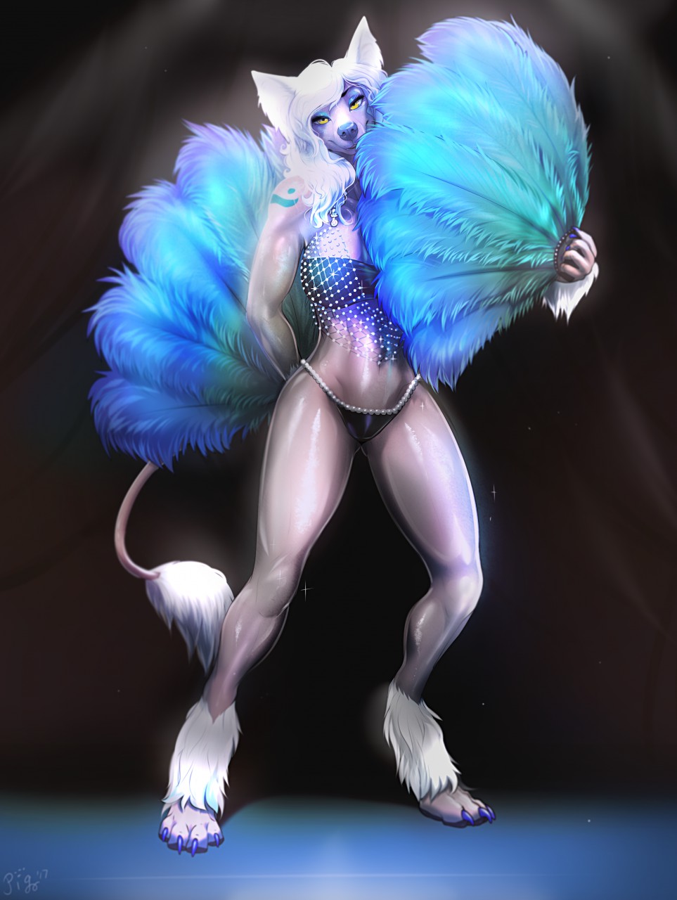 2017 4_toes anthro barefoot biped black_background black_bottomwear black_bra black_clothing black_panties black_topwear black_underwear blue_claws bra burlesque canine chinese_crested_dog claws clothed clothing digital_media_(artwork) digitigrade dog eyeshadow feathering feathers female front_view full-length_portrait fur gem grey_skin grey_tail hair hand_behind_back hand_fan hi_res holding_object inner_ear_fluff jewelry long_hair looking_at_viewer loose_feather makeup mammal panties pearl_(gem) pig_(artist) portrait signature simple_background sixty solo sparkles tail_tuft tattoo toe_claws toes tuft underwear white_hair yellow_eyes