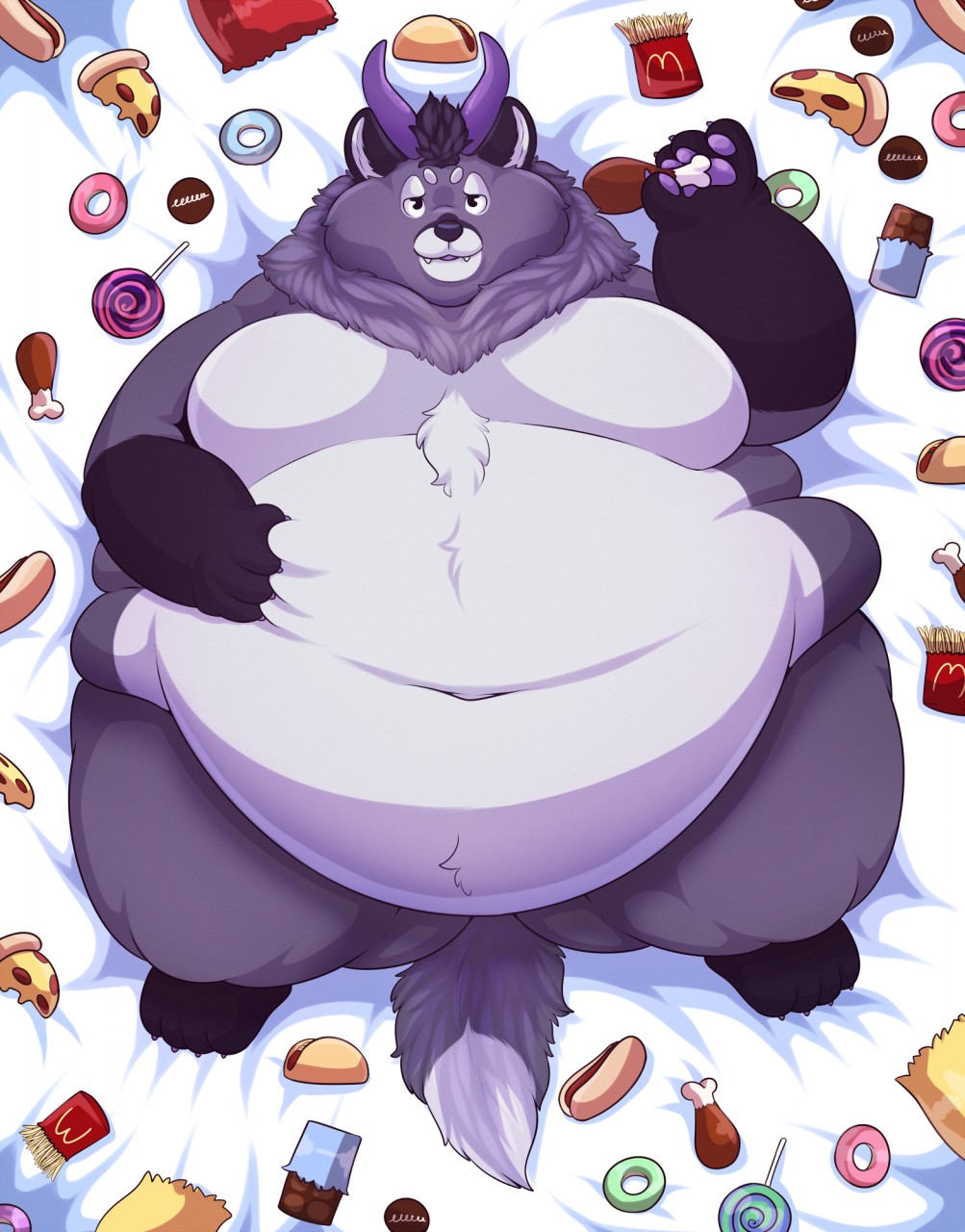 anthro candy doughnut dragon food fried_chicken fries fur furred_dragon hot_dog lollipop lying male mcdonald's morbidly_obese obese on_back oreocakes overweight pizza self_grab solo taco