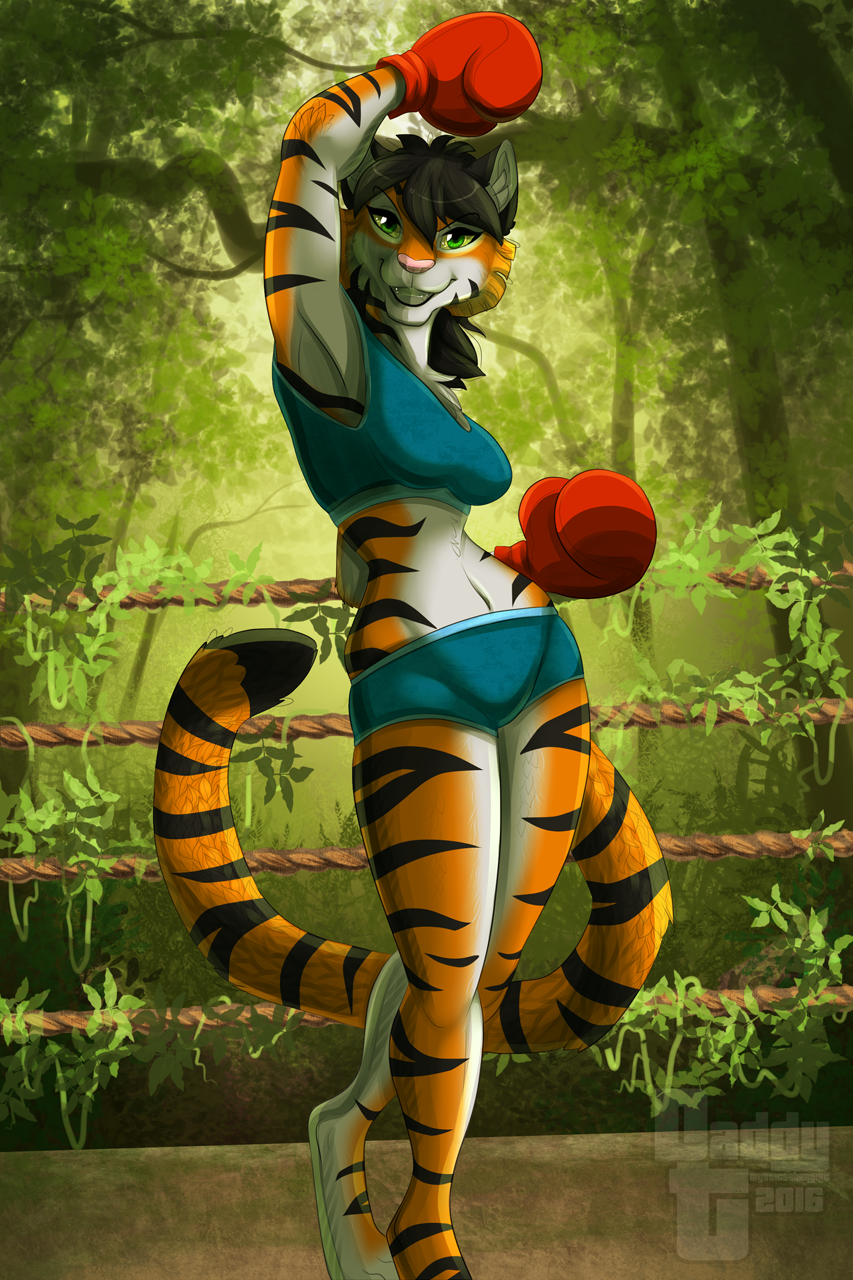 anthro avoid_posting black_hair boxing boxing_gloves clothed clothing feline female forest fur gloves hair mammal mysticsabreonic outside sport striped_fur stripes tiger tree