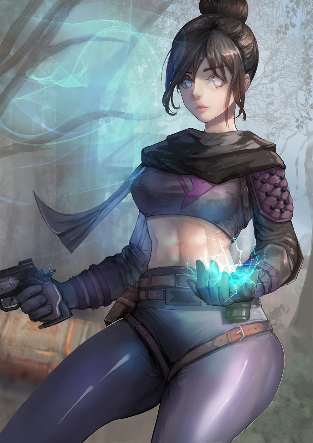 1girl apex_legends belt belt_pouch black_hair black_scarf breasts day dreamkite electricity eyes_closed gun hair_bun highres midriff outdoors pouch scarf silver_eyes solo standing weapon wraith_(apex_legends)